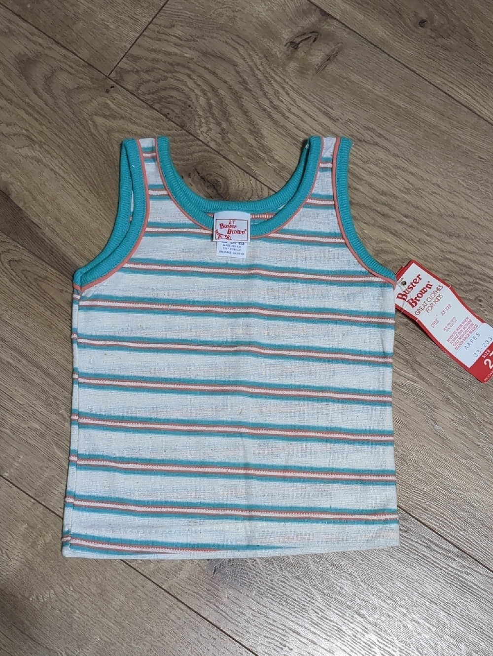 Vtg 80s BUSTER BROWN ORANGE green STRIPE SLEEVELESS  t-shirt kids 12M